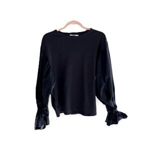 MANGO | 100% Cotton Black Lantern Tie Sleeve Top (S)